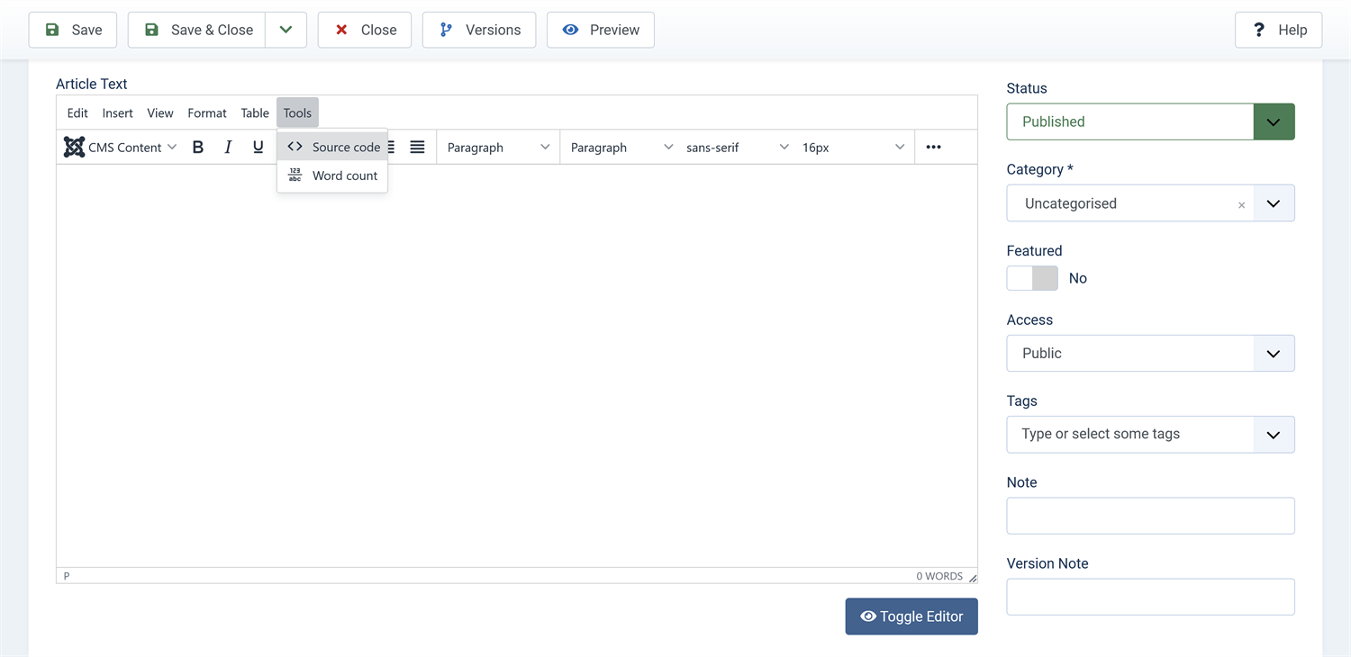 Source Code tool in TinyMCE.