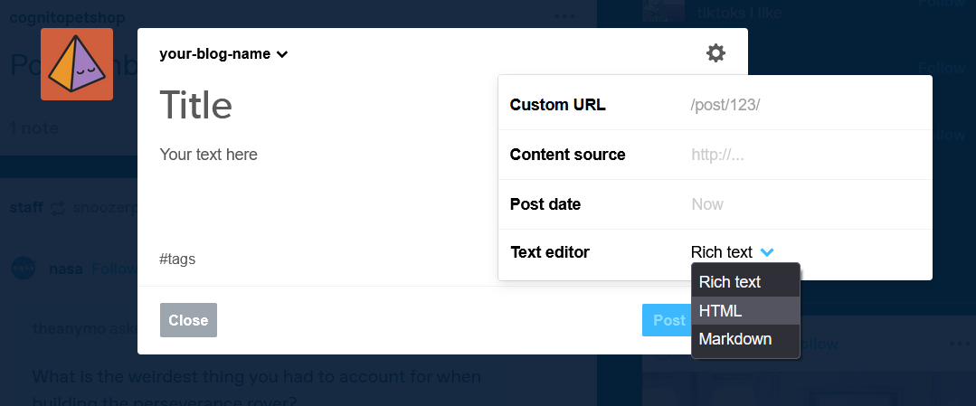 Choosing HTML from the Text editor dropdown.