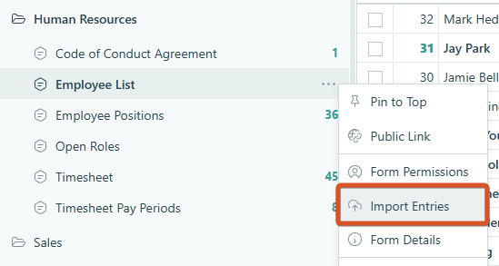 Select the Import Entries option.