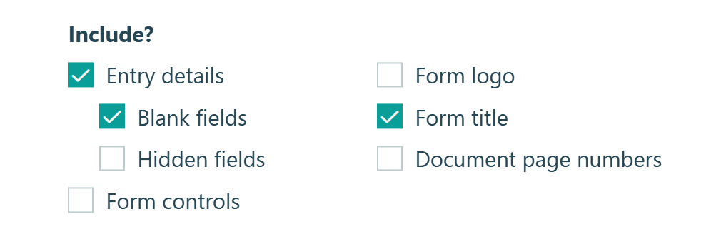 Screenshot of the "Include" settings checkboxes on a standard document template in Cognito Forms
