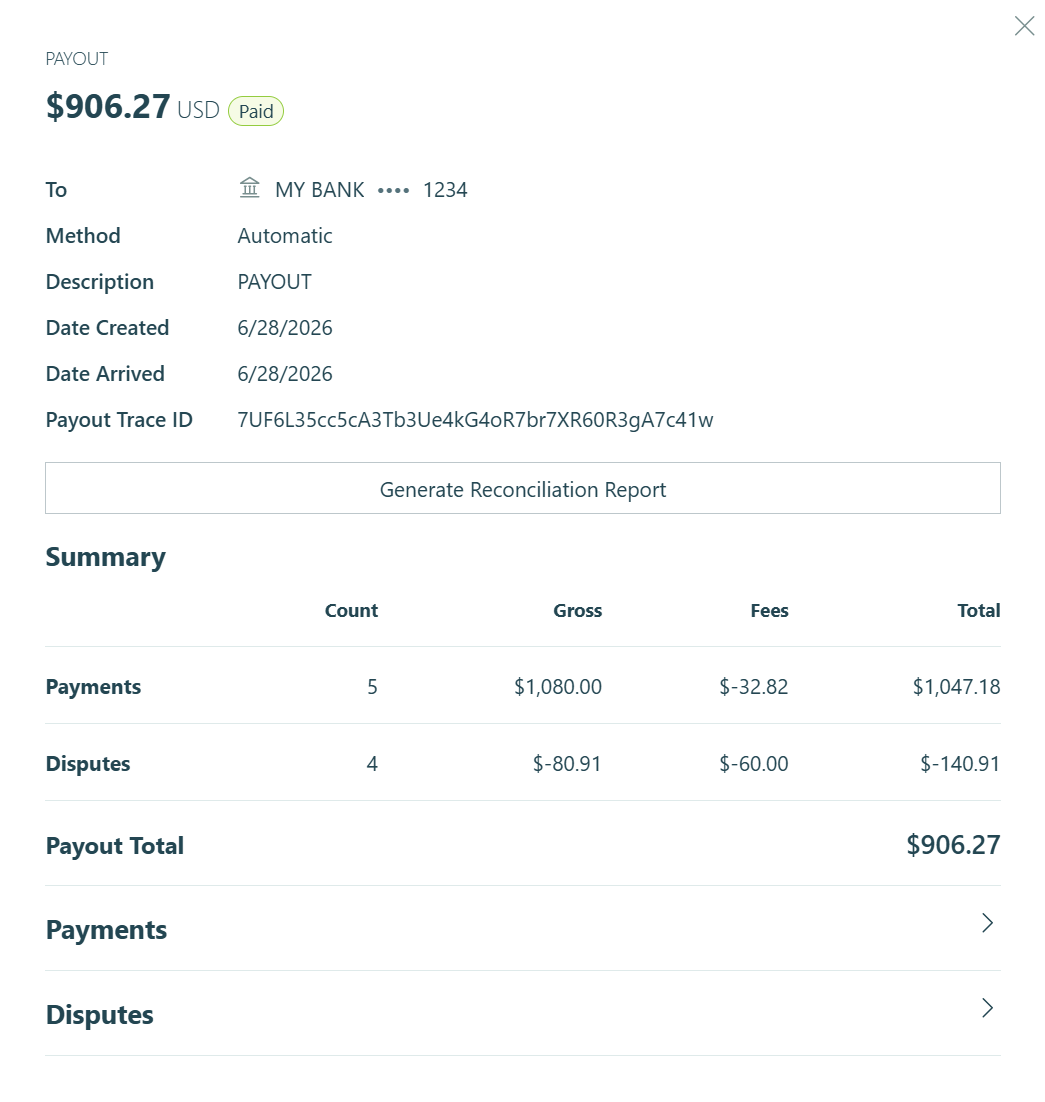 Clicking a payout opens the payout details dialog.