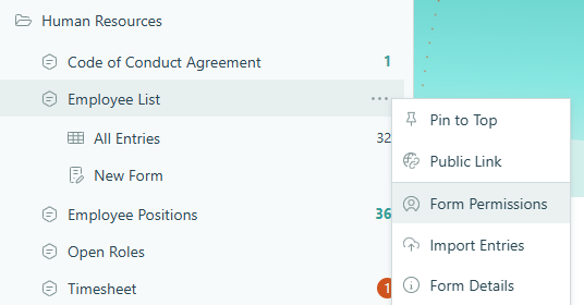 Manage form and folder permissions from the sidebar.