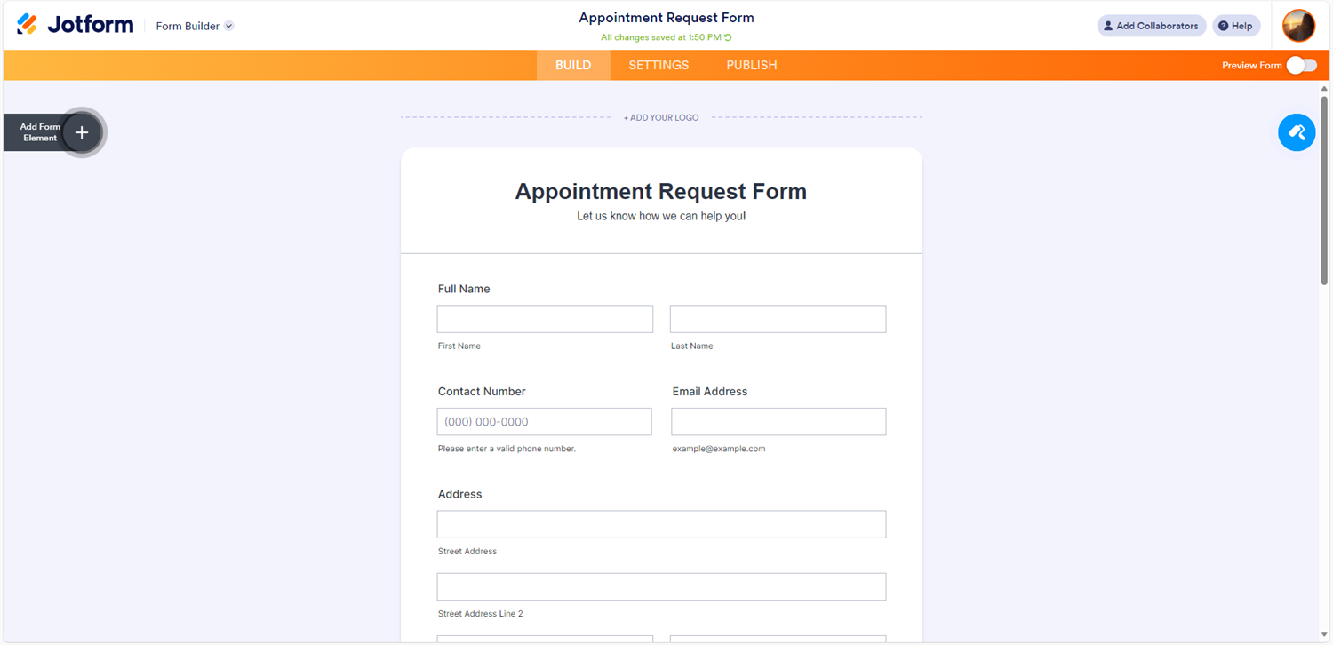 JotForm appointment request form.