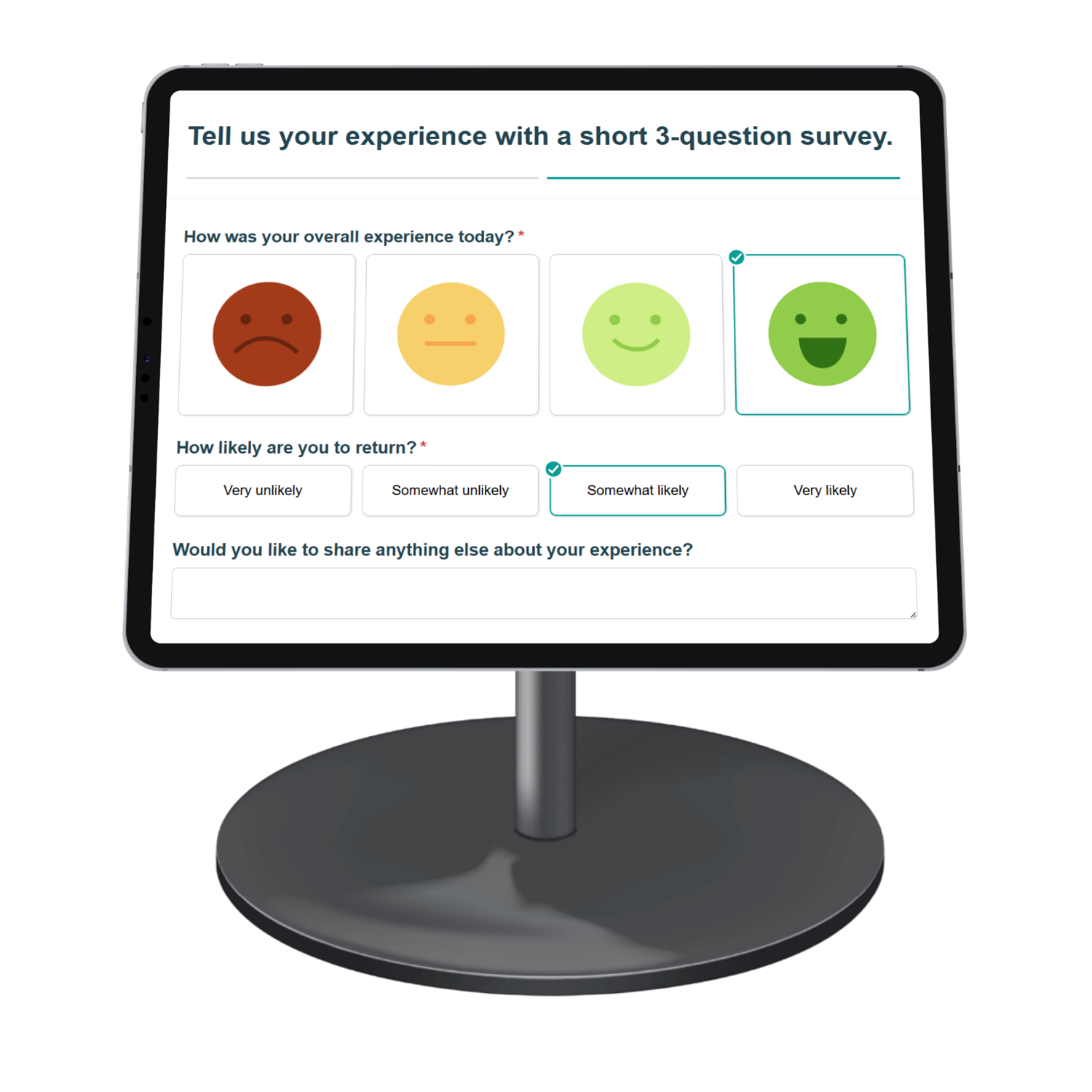 Photo of a customer satisfaction survey on a tablet kiosk stand