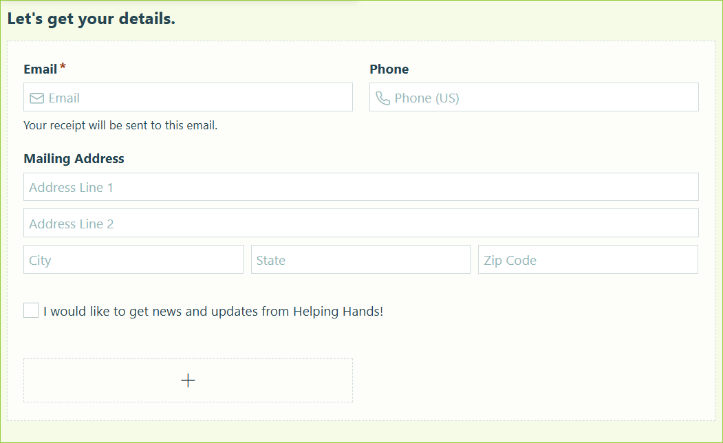 Screenshot of the fields in the Let's Get Your Details section of the donation form