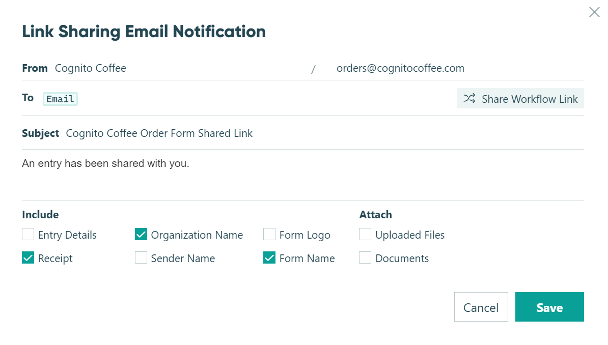 Customize the Link Sharing Email Notification from the Workflow Link Sharing section.