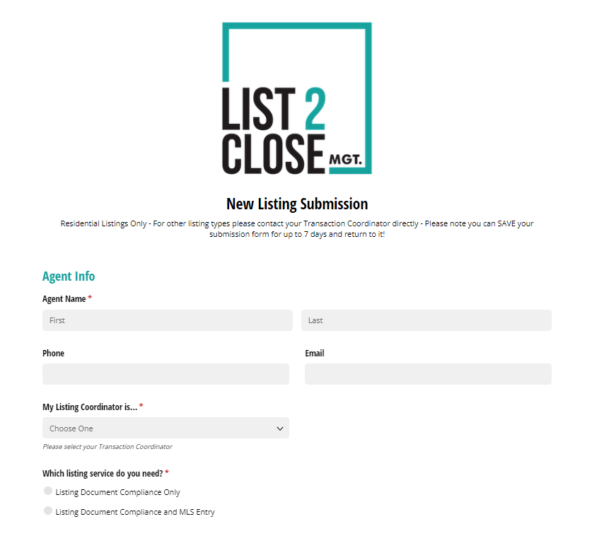 List2close new listing submission form