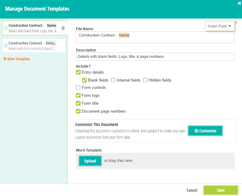 Manage document templates menu.