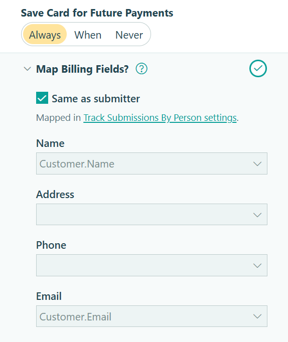 Map billing fields to save cards on file.