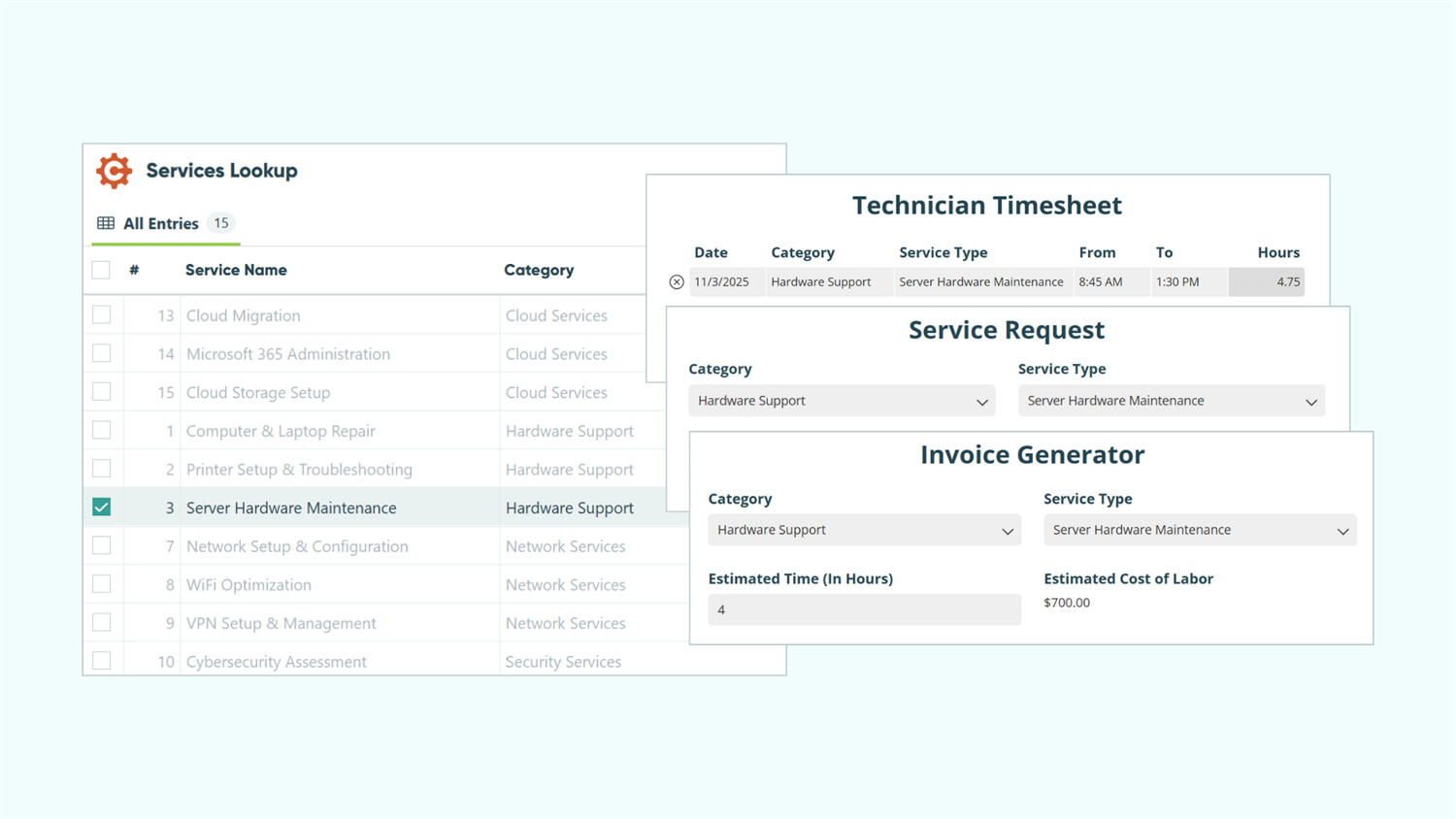 Graphic of one entry highlighted on the entries page, and that same entry selected on a Lookup field in three other forms
