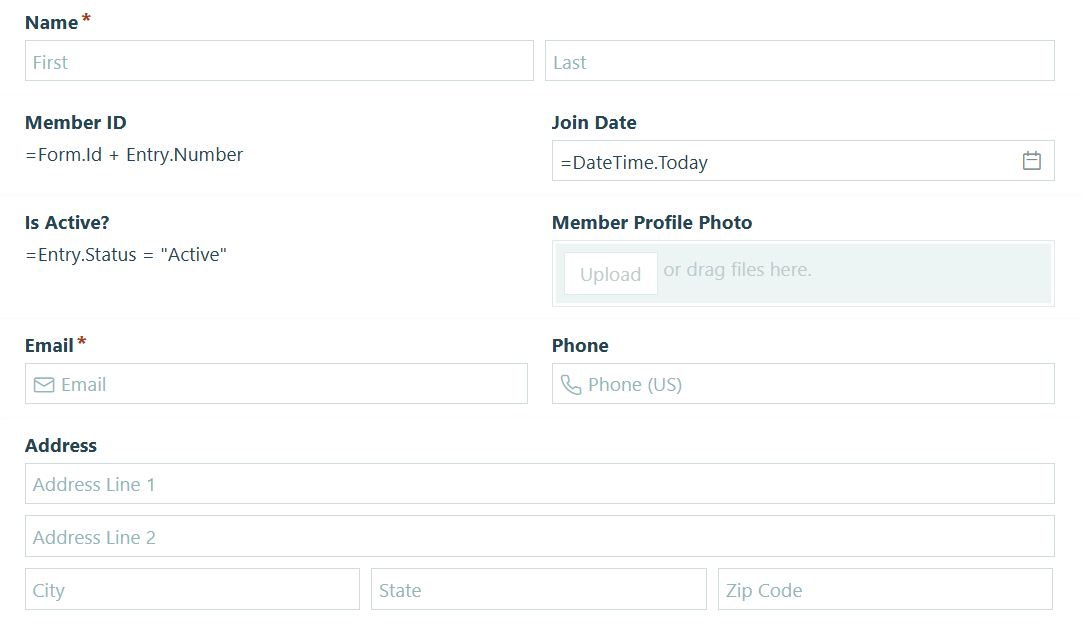 Screenshot of fields on the member profile form