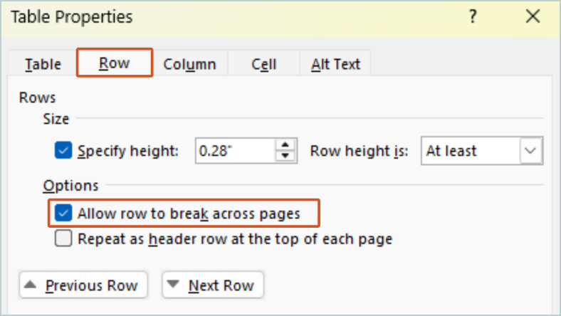 Screenshot of the Microsoft Word setting that allows table rows to break across pages turned on