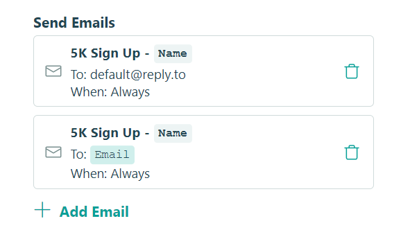 Email settings panel showing predefined email actions for a form labeled "5K Sign Up."