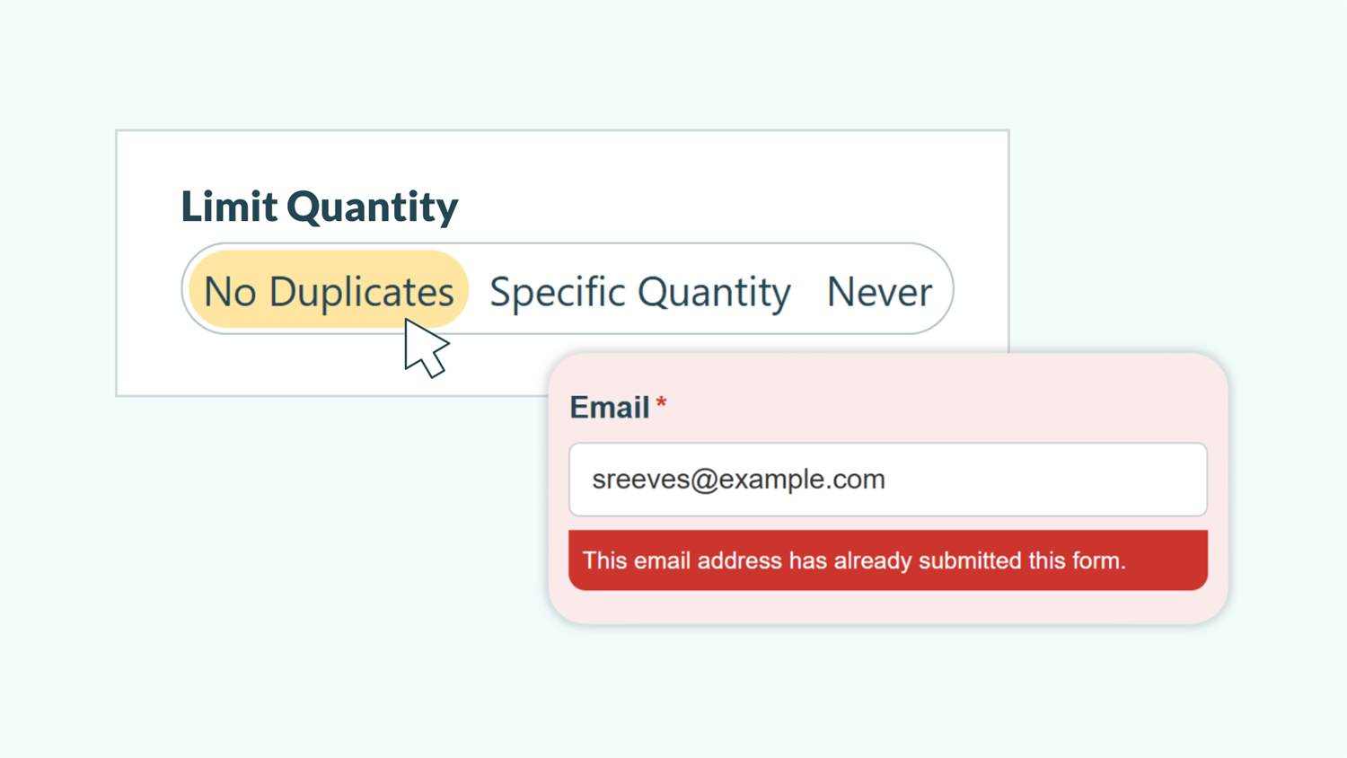 Screenshot of Cognito Forms UI elements. It shows the Limit Quantity setting with a cursor hovering over the 'No Duplicates' option and an email field on a form that shows an error stating, 'This email address has already submitted this form.'