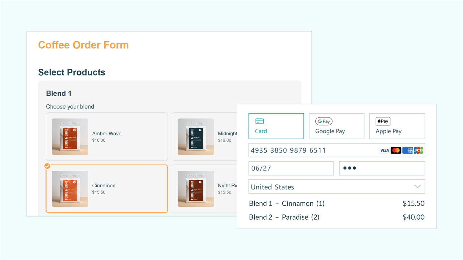 Screenshot of a coffee blend selected in a Repeating Section of Cognito Forms. Also shows the form's payment section with two coffee blends selected, prices for each, and fields to enter card information