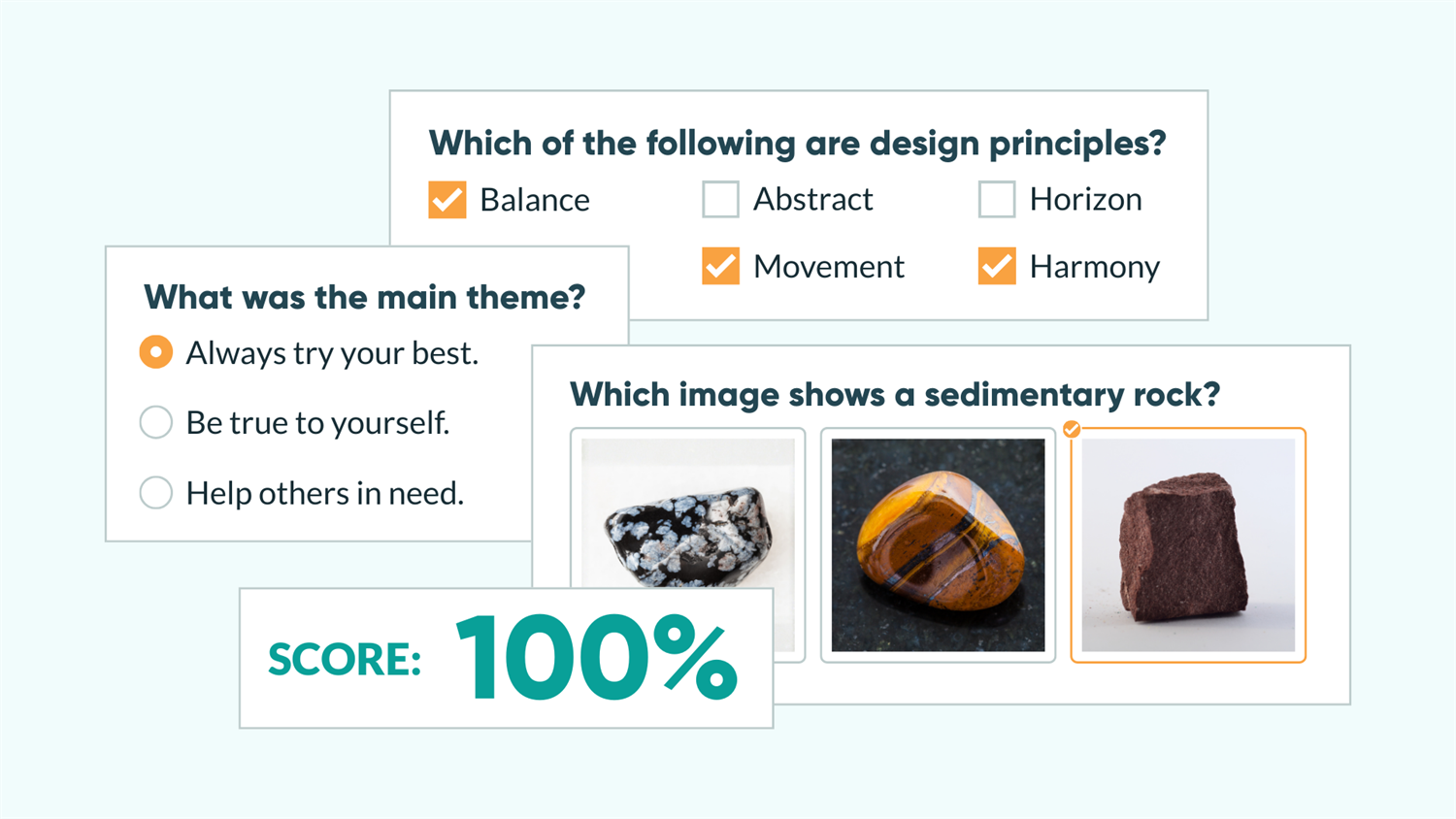 Graphic showing multiple question types, including multiple choice, multi-select, and image selection questions. It also shows a calculated percentage score