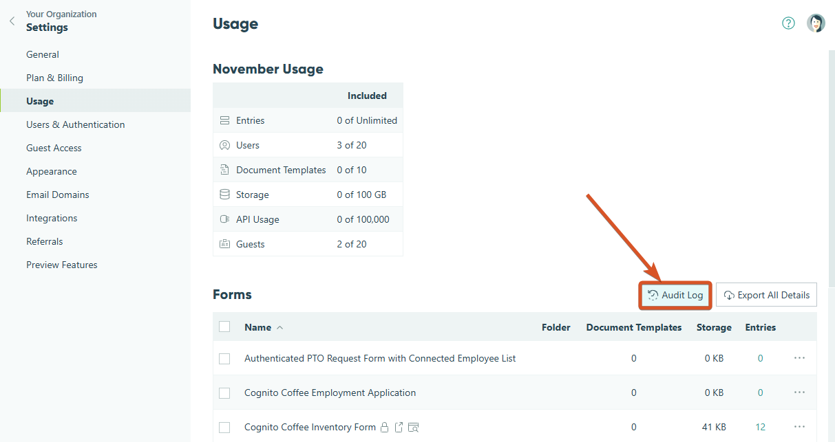 Open the audit log under organization usage.