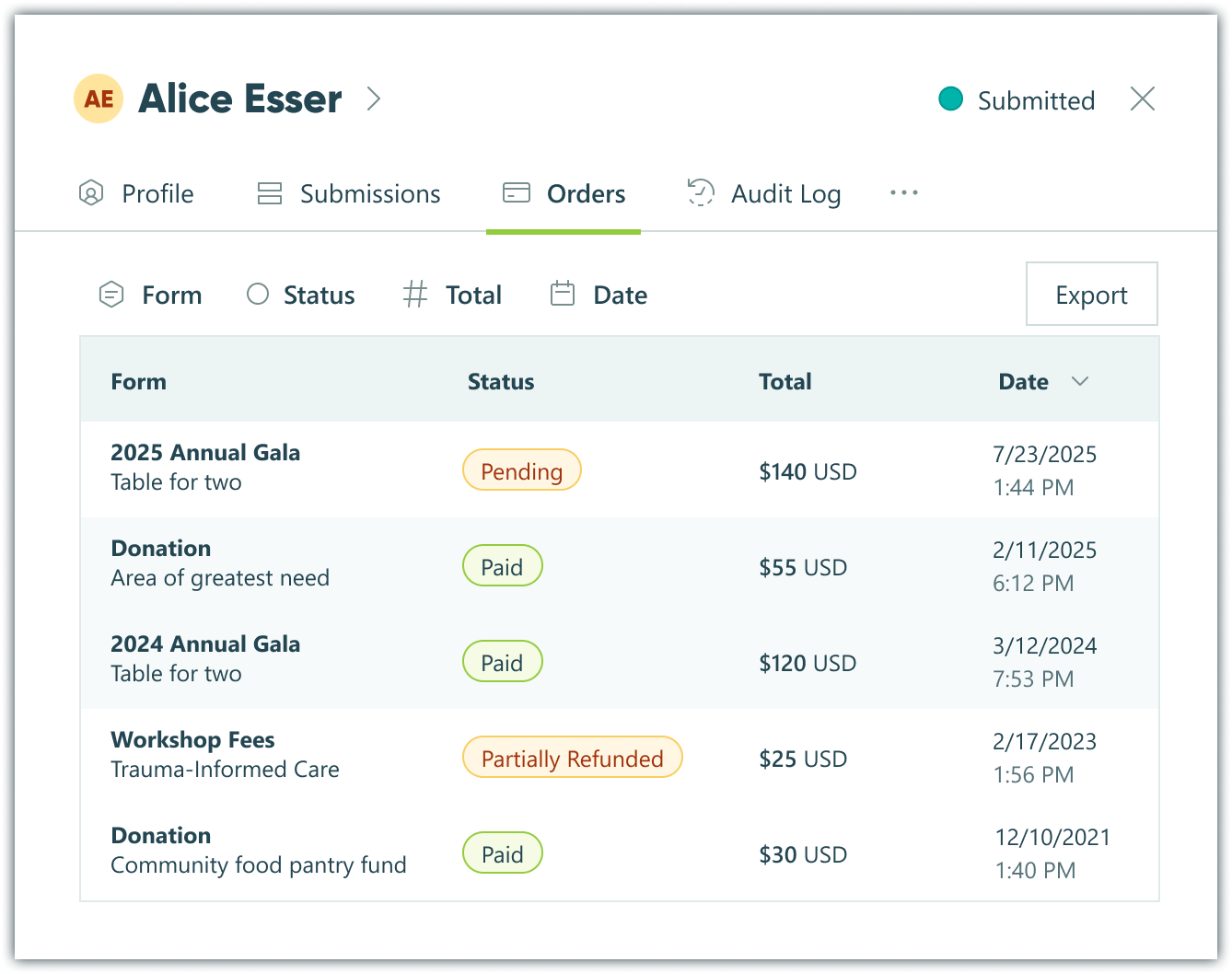 Screen shot showing all of a customer's orders across multiple forms in the Submissions tab in Cognito Forms