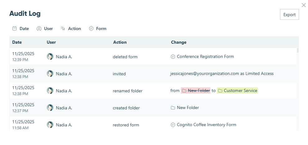 Filter the audit log by date, user, action, or form/folder.