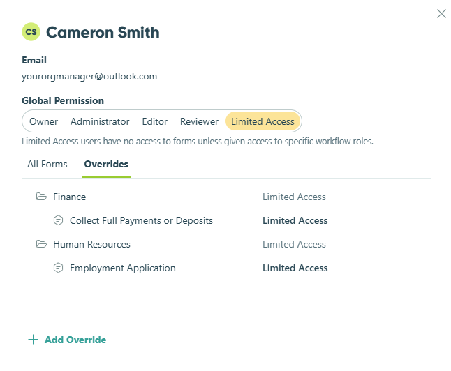 These custom permissions will appear under Overrides.