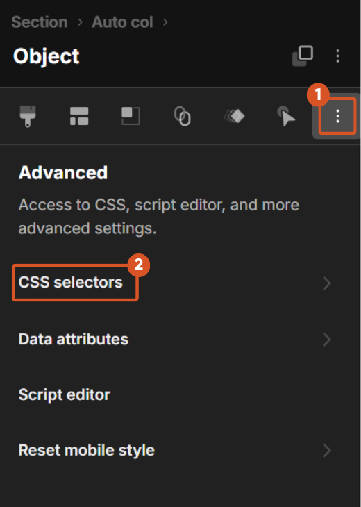 Screenshot of the Advanced Settings in Pagecloud and the CSS selectors option