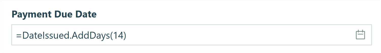 Screenshot of the default value in a Date field to automatically calculate the payment due date