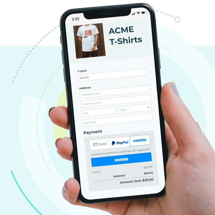 A smartphone displaying a payment form labeled "ACME T-Shirts" with PayPal, Card, and Venmo payment options.