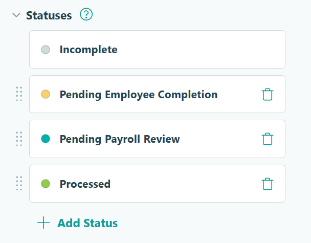 Screenshot of the statuses in the workflow settings on a form in Cognito Forms