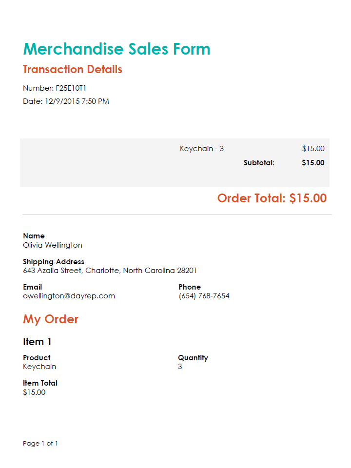 Screenshot of a merchandise sales receipt displaying transaction details and an order total.
