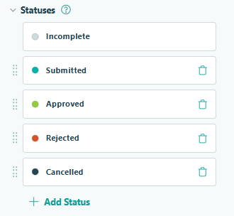 Potential statuses including incomplete, submitted, rejected, approved, cancelled