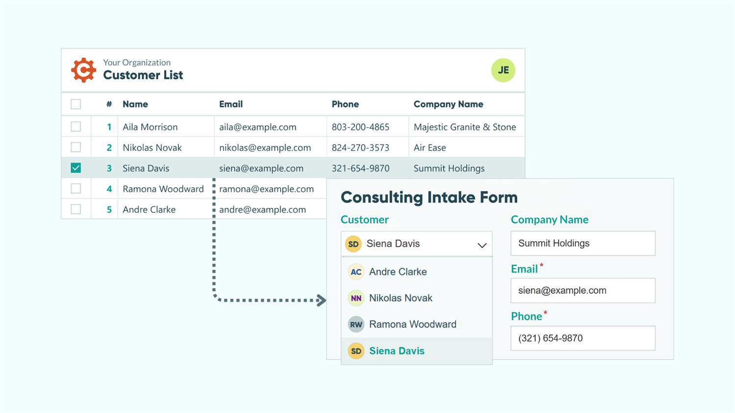 Graphic showing a selected entry on a "Customer List" form in Cognito Forms. An arrow is pointing from that entry to a "Consulting Intake Form" with that same customer selected on a Person Field and their information prefilled in the fields