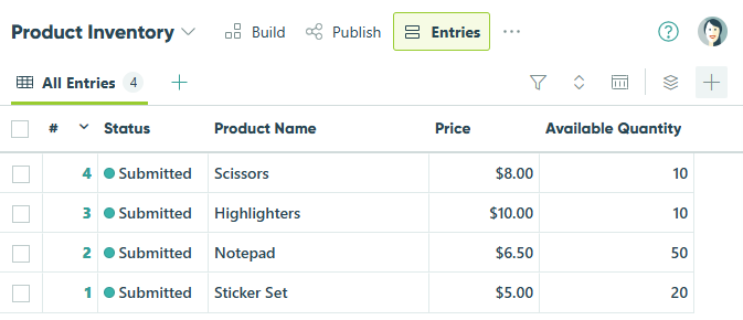 Create a new entry for each product on the Entries page.