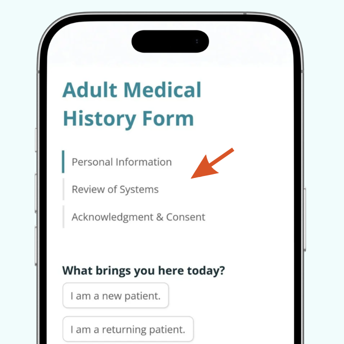 Screenshot of a form on a mobile device with an arrow pointing to the progress bar at the top of the form
