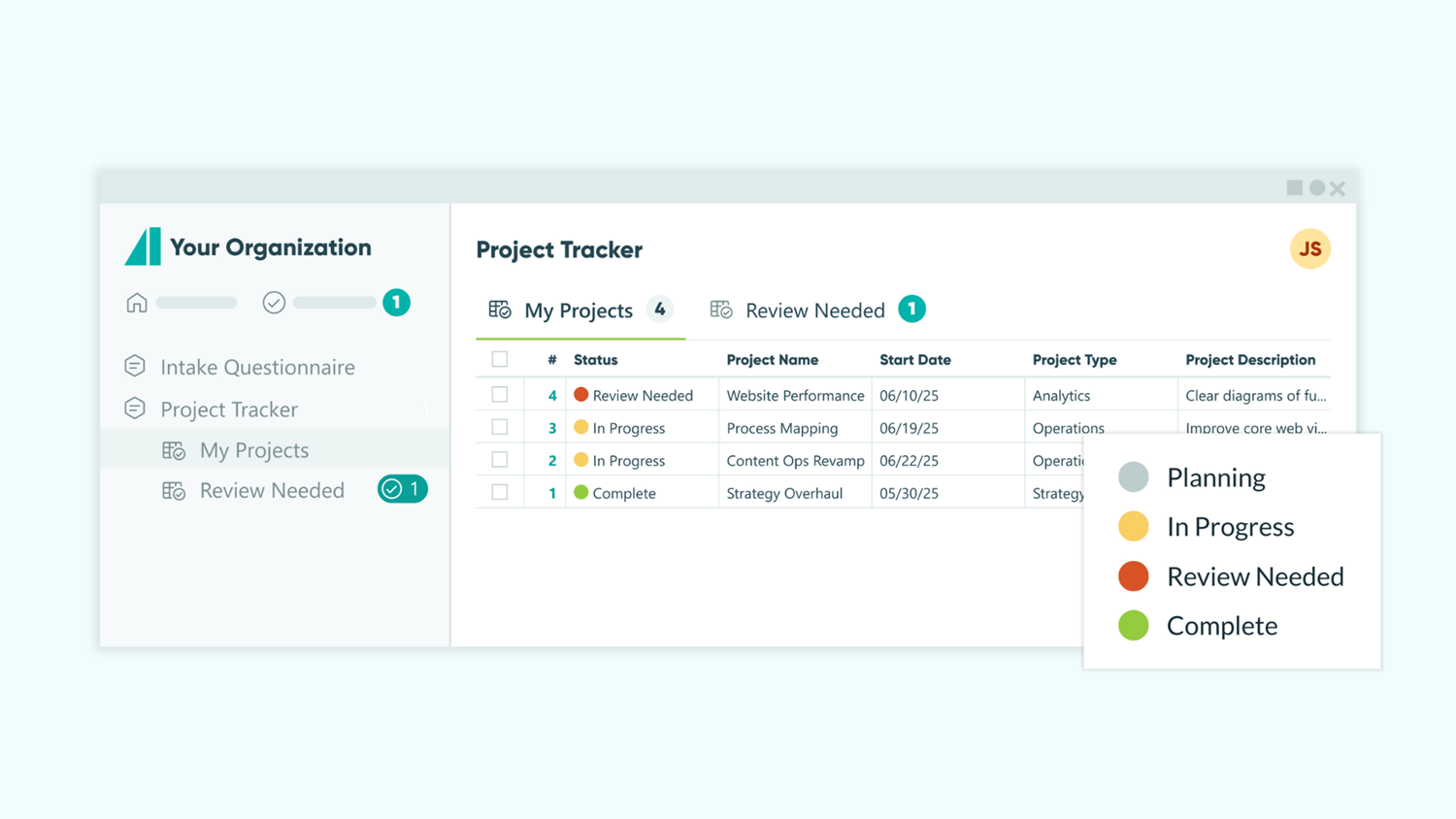Screenshot of a Cognito Forms entry view showing multiple entries in different project statuses