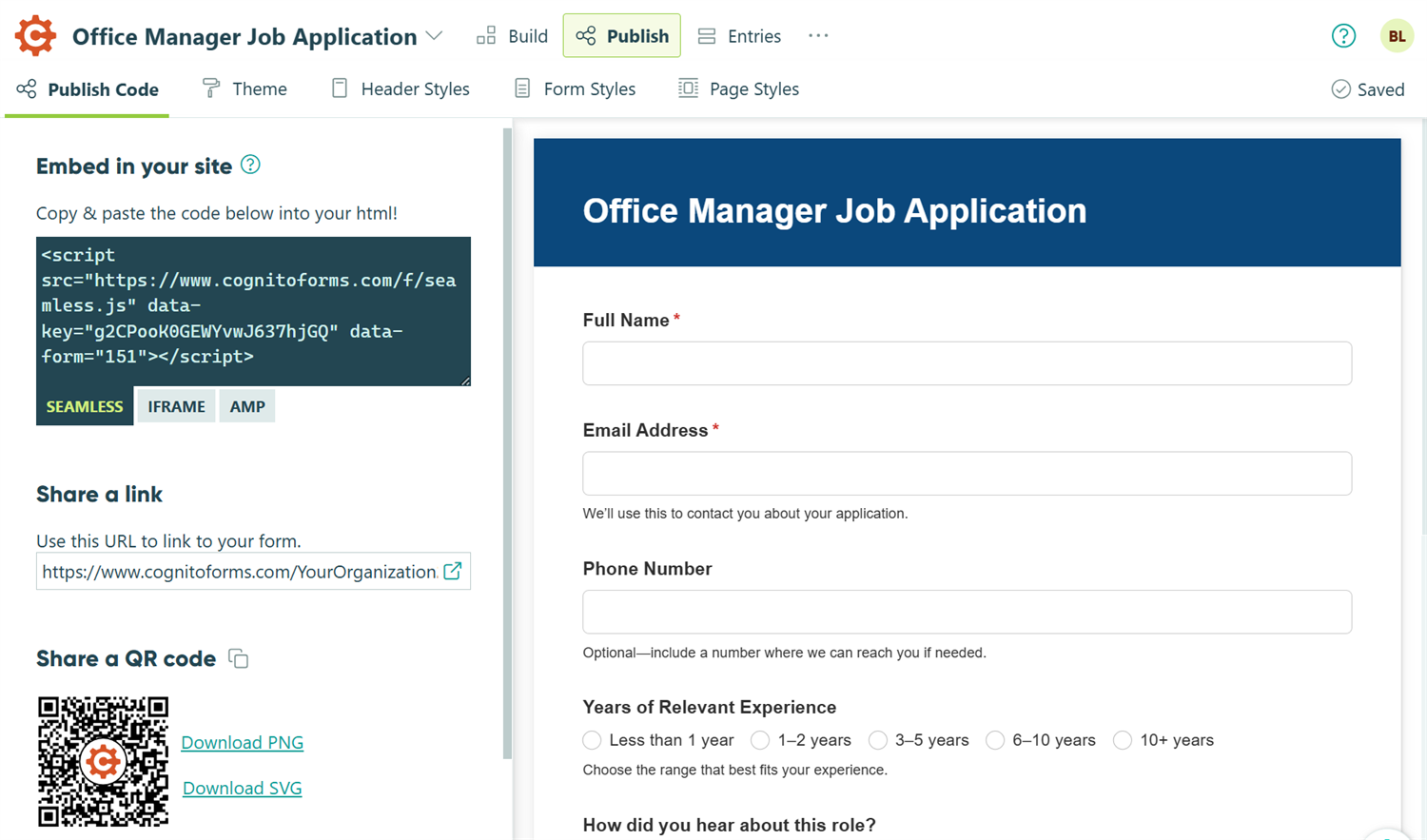 Screenshot of the Publish page for a form in Cognito Forms