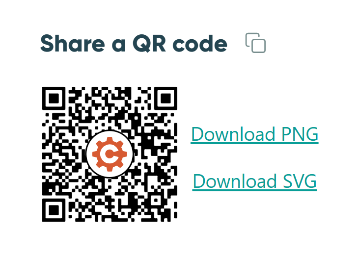 Screenshot of the Share a QR Code option on the Publish page in Cognito Forms. It shows a QR Code with the Cognito Forms logo in the middle and the option to copy it or download as a PNG or SVG.