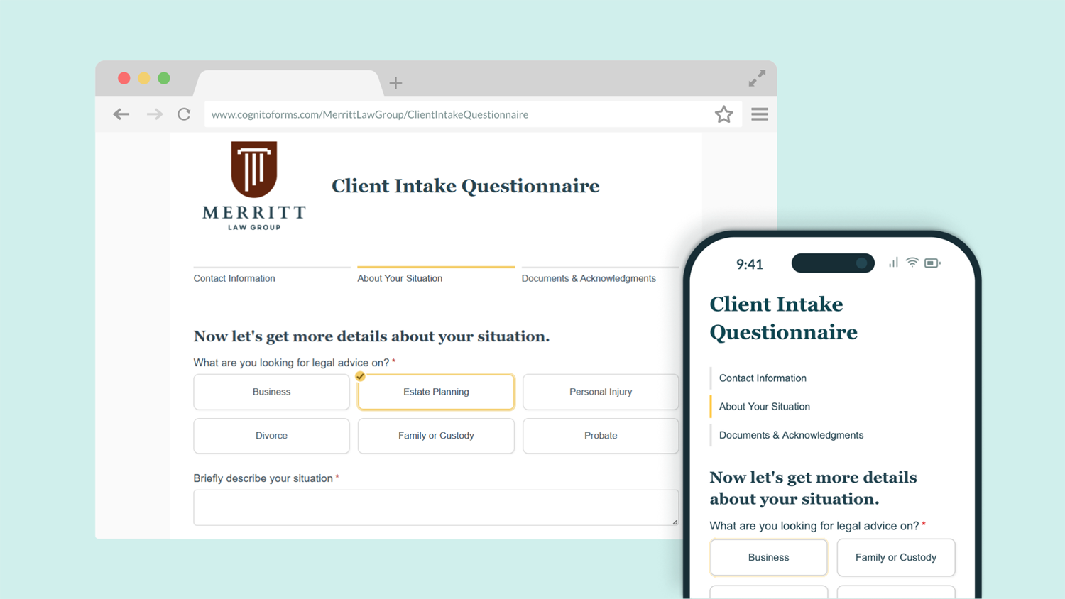 Graphics showing a client intake questionnaire on a browser and on a phone