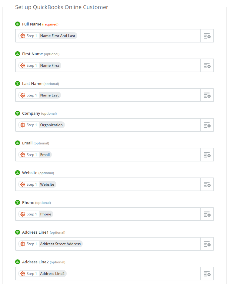 Map the list of fields being added to the QuickBooks.