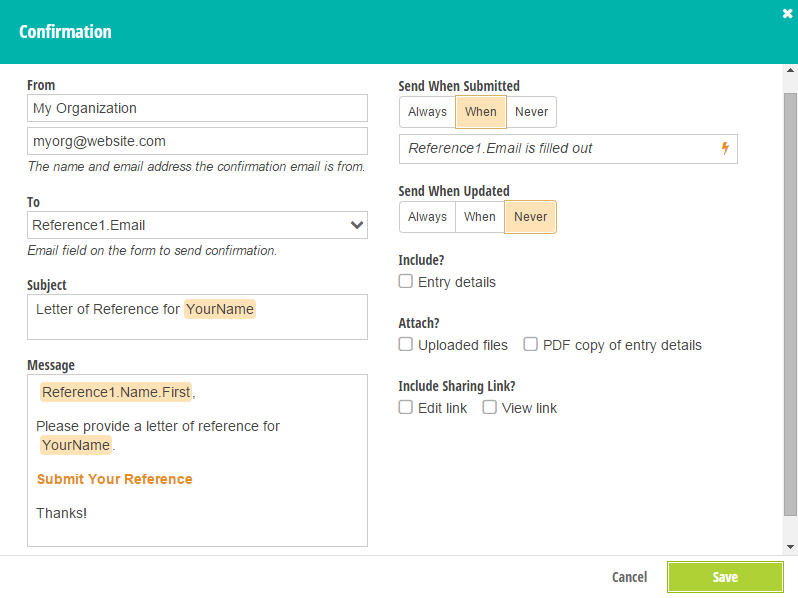 Inserted form fields with confirmation email.