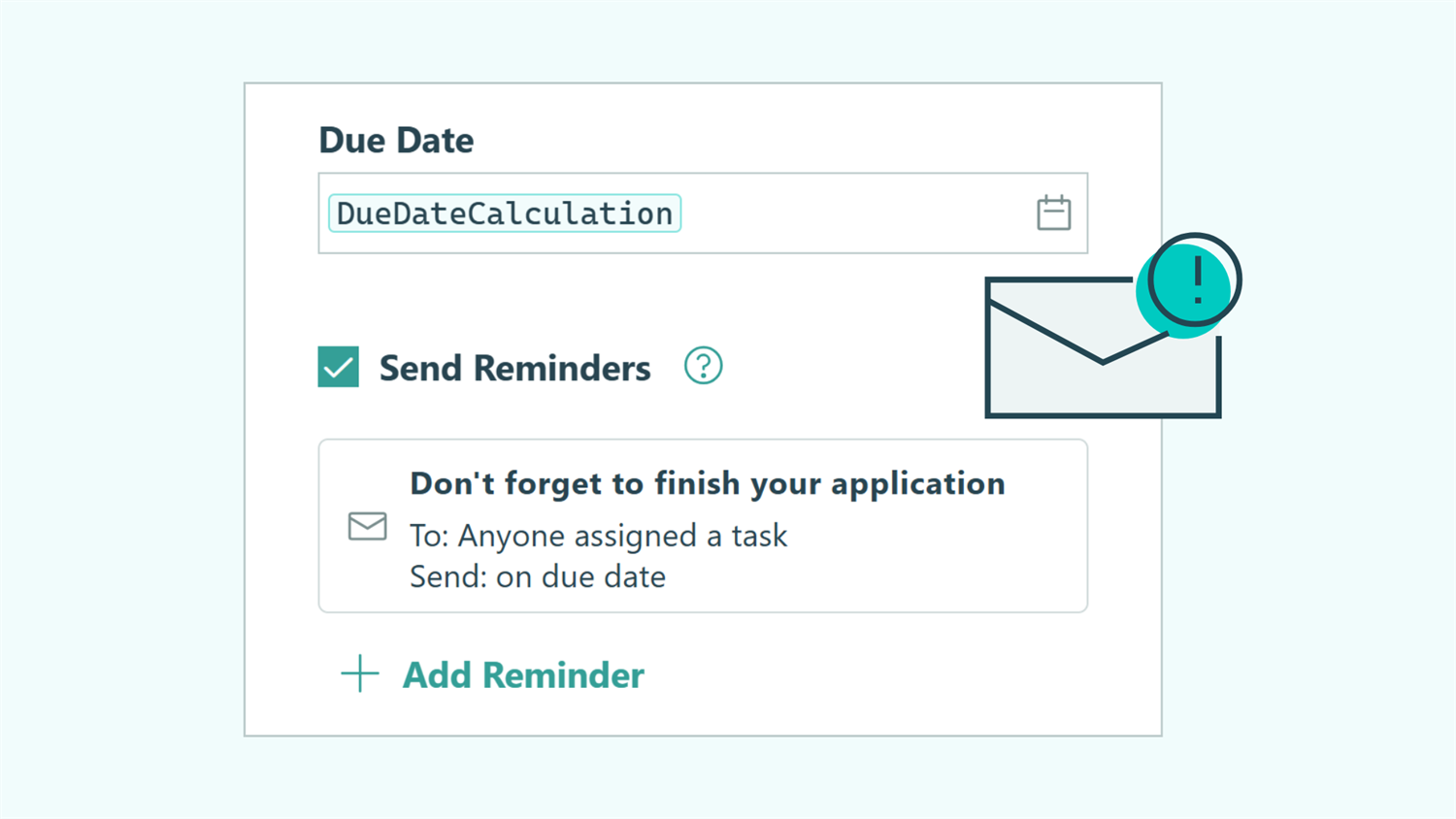 Screenshot of the Send reminders setting in Cognito Forms and an illustrated email icon