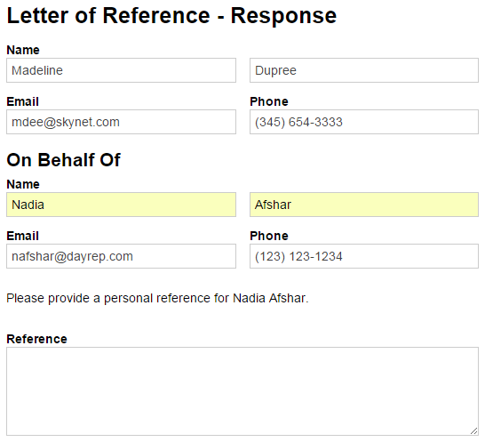 Letter of reference request form with information prefilled.