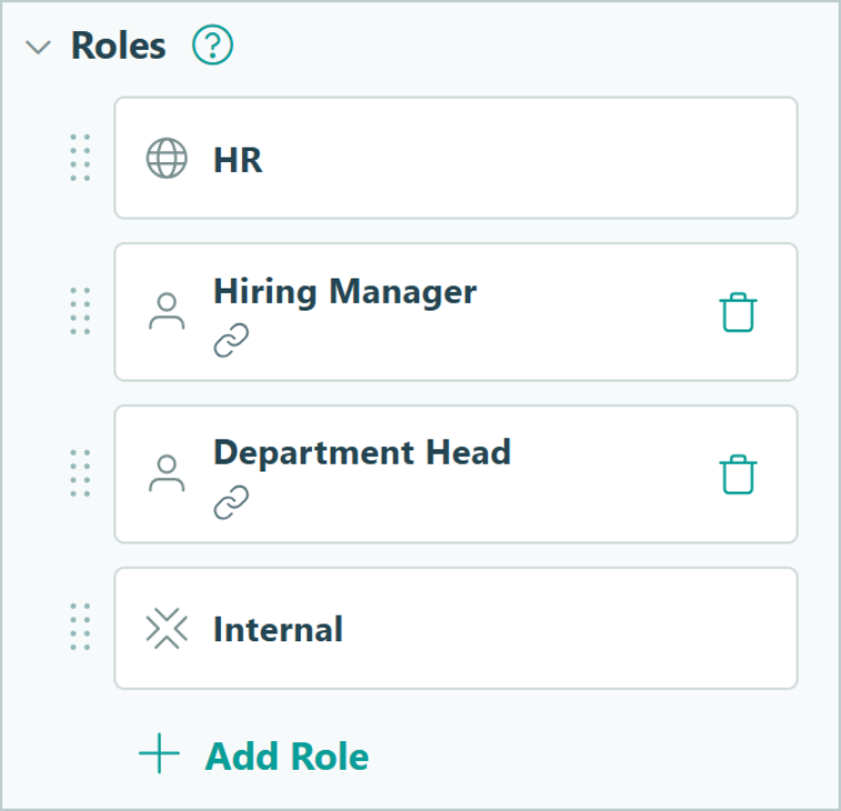 Screenshot of the Role settings in Cognito Forms' UI, showing HR, Hiring Manager, Department Head, and Internal Roles.