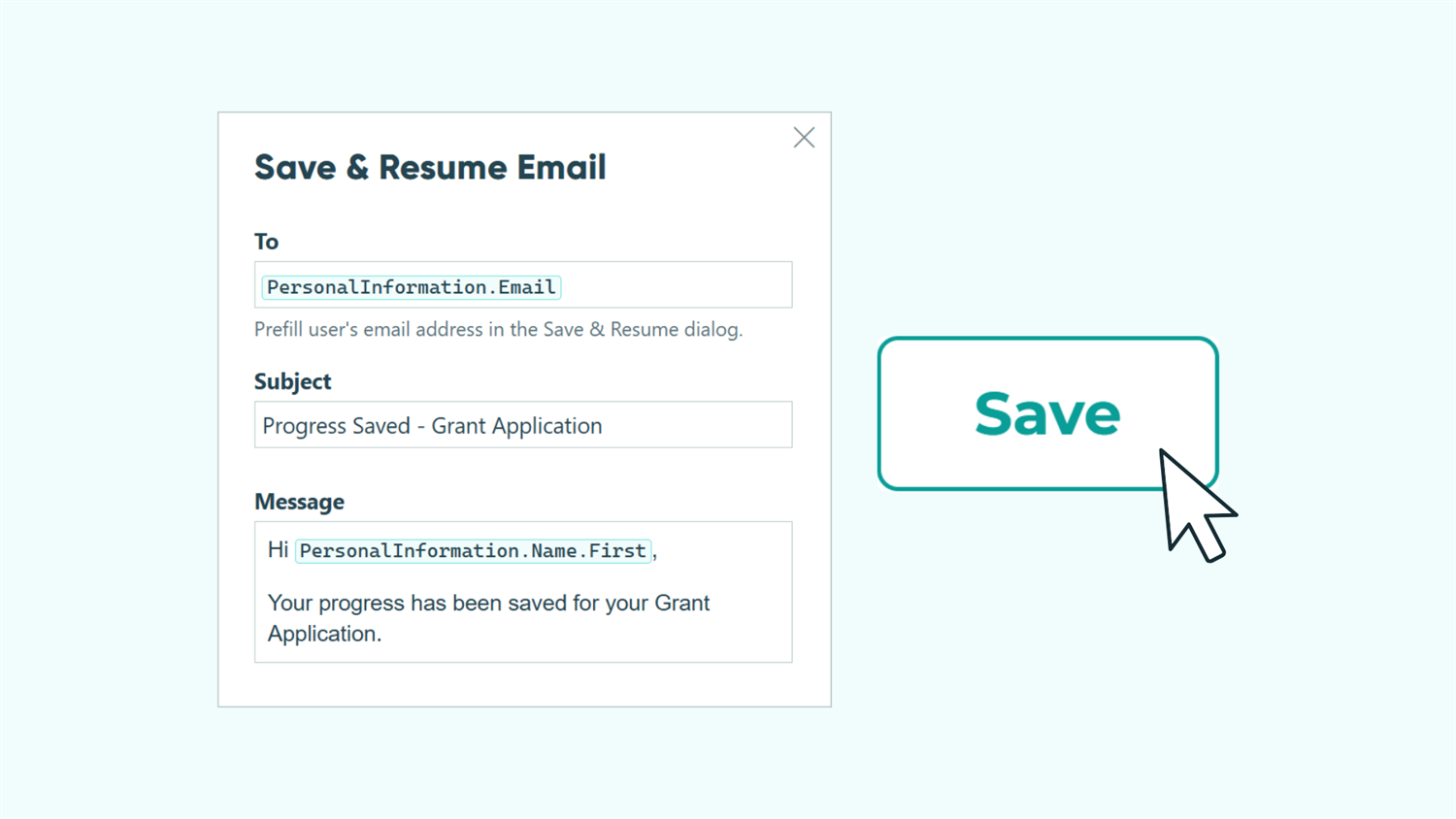 Screenshot of the Save and Resume email settings in Cognito Forms, and an illustrated cursor hovering over a "Save" button