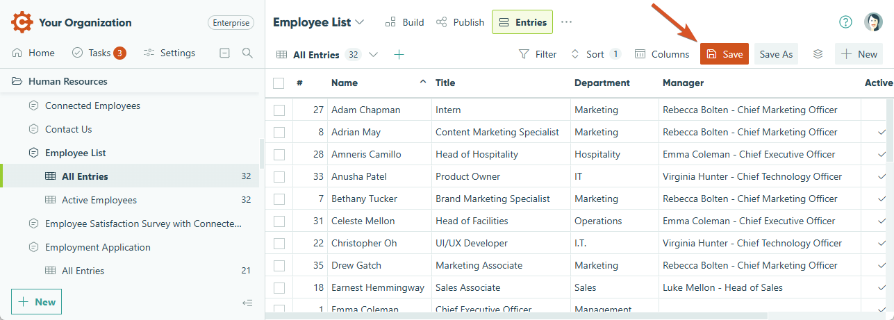 Click the save icon to create a unique entry view.