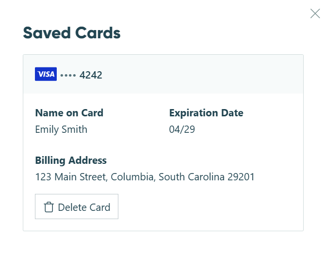 Guests who have saved a card on a Cognito Pay form can view and remove their saved cards from the portal.