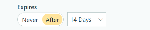 Expiration settings interface with options to set links to expire after a specific time frame.