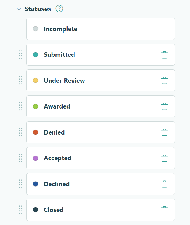 Screenshot of the settings UI for workflow statuses in Cognito Forms