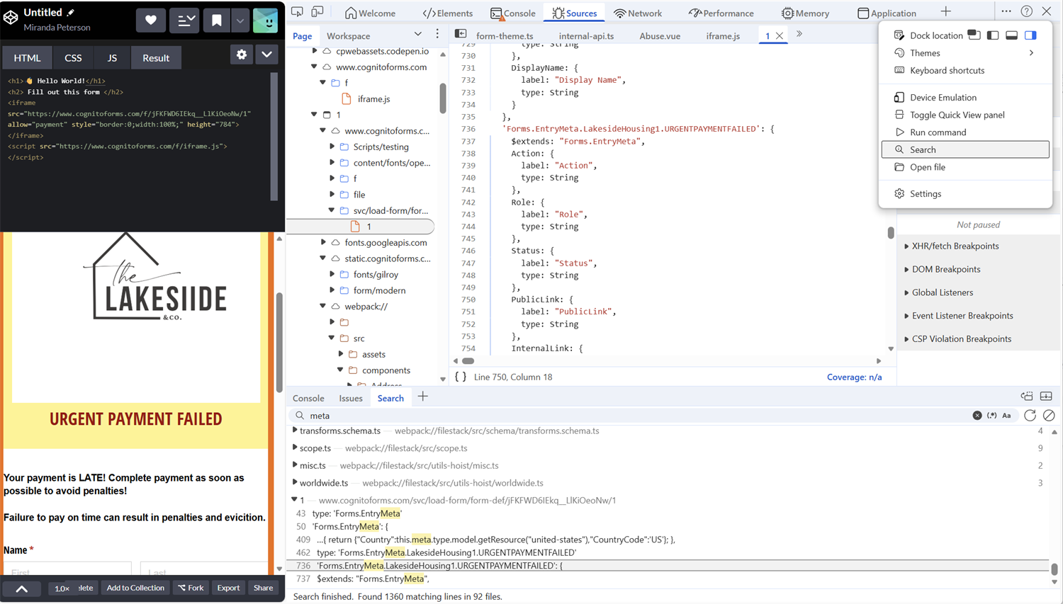 developer tools showing organization name in javascript