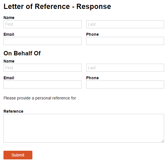 A letter of reference response form, with Name, Email, and Phone fields.