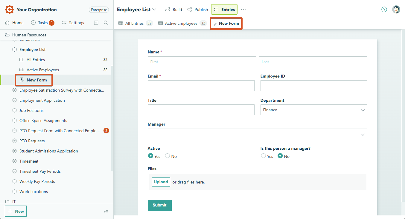 Click the form name in the sidebar to open the entry view list and select the form view.